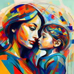 The image depicts an abstract representation of mother and child in bright colors, vibrant cubist work, abstract face illustration, version 3