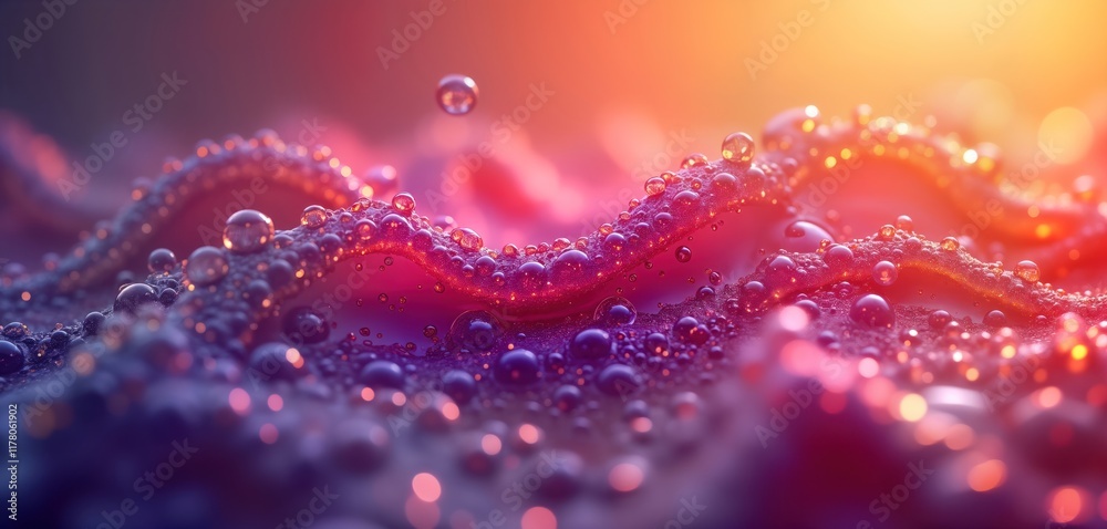 Poster closeup view of water drops with purple, orange hues. abstract water patterns create surreal effect.