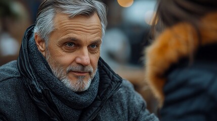 Close-up portrait of a mature man with gray hair and beard, wearing a coat and scarf, outdoors.