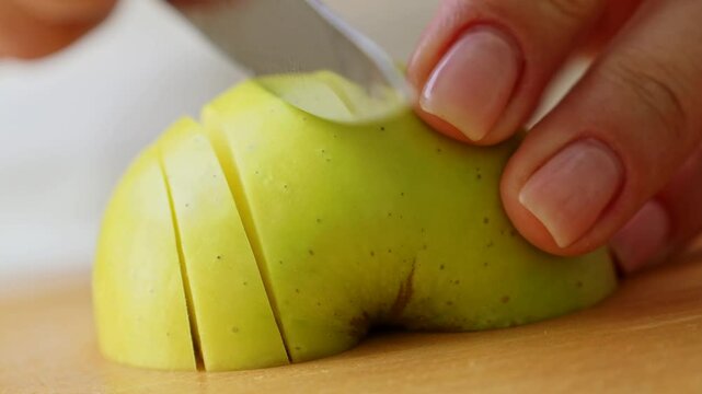 Female hands cutting and slicing green apple with knife on wooden board