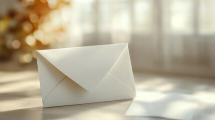 A white envelope on a sunlit wooden table.