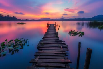 Fototapeta premium A breathtaking sunset over a tranquil lake in Thailand reflects vibrant colors on calm waters, with a wooden dock extending into the serene landscape