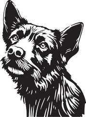 Dog portrait woodcut style, black and white vector illustration