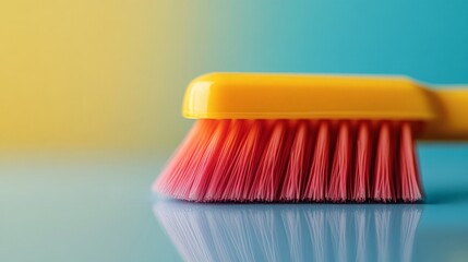 Close-up of a cleaning brush with colorful bristles on a clean surface, highlighting its vibrant design and practicality. The neutral background keeps the focus on the brush and its function.