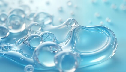 Closeup view of transparent gel with bubbles. Fluid texture. Cosmetic product. Hydrating essence. Clean, clear. Soft, smooth appearance. Perfect for skincare. High quality. Beautiful texture. Modern