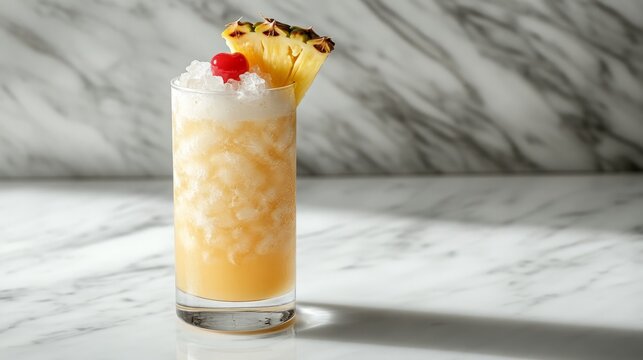 Pina Colada mocktail in a tall glass with coconut milk, pineapple juice, and crushed ice, garnished with pineapple slice and maraschino cherry. The drink rests on a white marble countertop.