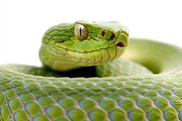 A close-up shot of a green snake's head with detailed scales and features