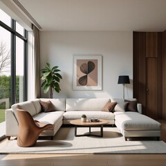 Modern wood-accented living room adorned with sleek furnishings Rendering