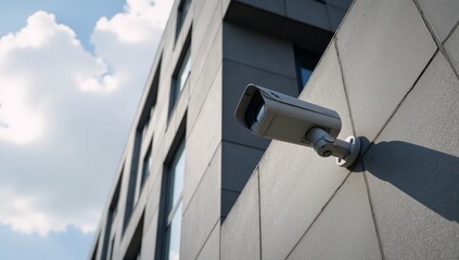 High-angled shot Modern bulleted security camera atop gray stone corner