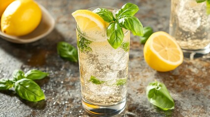 Fototapeta premium A Lemon Basil Spritzer in a tall glass, garnished with a lemon wedge and a sprig of fresh basil, with the effervescent bubbles rising to the top. The drink sits on a textured stone surface