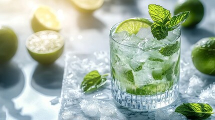 A minimalist Nojito mocktail on a marble surface, with crushed ice filling the glass and a garnish of mint leaves and lime wedges. 