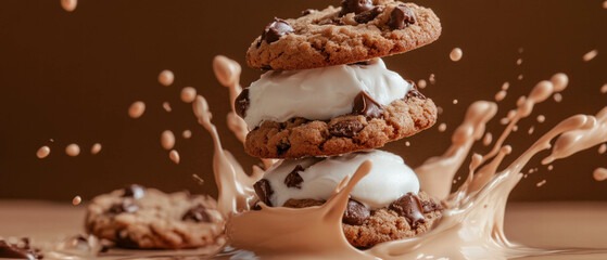 Cream splash surrounds cookies stacked with marshmallow on warm brown background