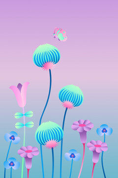 Whimsical Pastel Flowers With Butterfly in Dreamy Landscape
