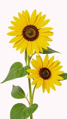 Fototapeta premium Isolated sunflower botanical summery yellow blooms and vibrant green foliage on a hand-drawn background