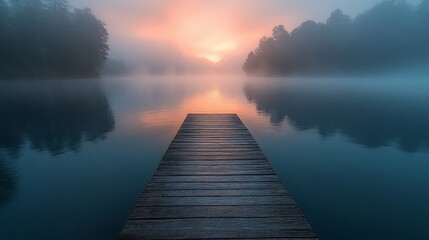 Wooden dock extends to a misty lake sunrise