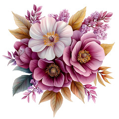 Nature, flowers, clipart watercolor painting of flower, symmetrical pattern, botanical print on white background, vintage style.QW-0732