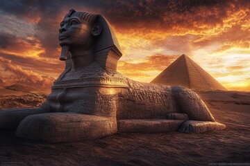 Stunning sunset view of the great sphinx of giza with the pyramid of khafre in the background