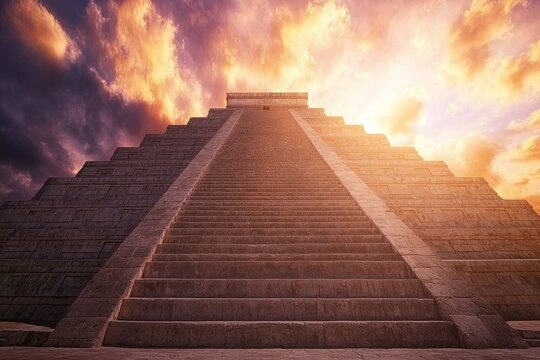 Breathtaking sunrise over el castillo, temple of kukulc n at chich n itz with vibrant skies