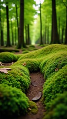 Lush green trees and moss represent ecological sustainability and conservation