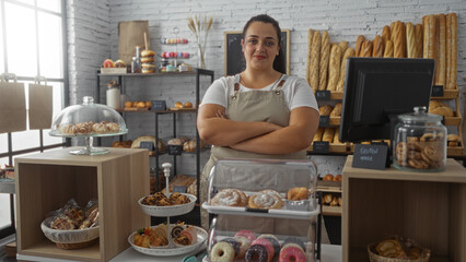 Young woman standing confidently in a bakery shop surrounded by various pastries and bread with an inviting smile and curvy physique