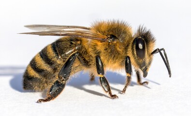 bee or honeybee in Latin Apis Mellifera on white
