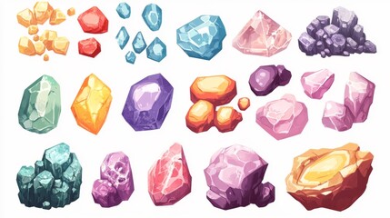Naklejka premium Crystal gems, jewel rocks and mineral stones. isolated natural colorful gemstones, glass, jewelry or geology magic items, game assets purple, red, green, yellow, pink and blue Cartoon vector rocks set