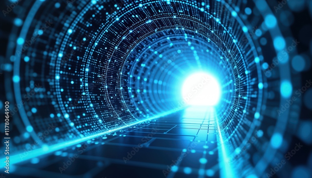 Poster abstract blue tunnel with bright light at end. tunnel filled with blue, white dots. futuristic desig