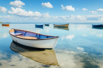 Naklejka premium Scenic view of boats on crystal clear waters at coz pors beach in tregastel, brittany, france