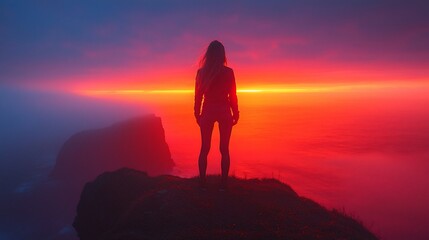Obraz premium Woman silhouetted against vibrant sunset over ocean.