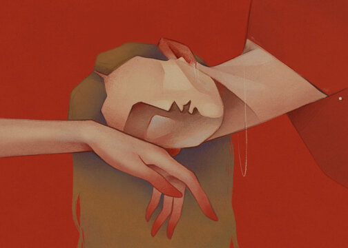 Emotional Abstract Portrait of a Woman with Hands and Red Background