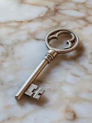 Antique key on marble surface, top view