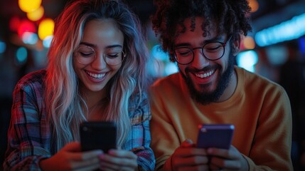 Fototapeta premium Young Friends Enjoying a Casual Night out While Using Their Smartphones. Generative AI