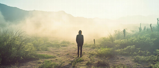 Dusty desert landscape with towering cacti at sunrise featuring a lone figure exploring