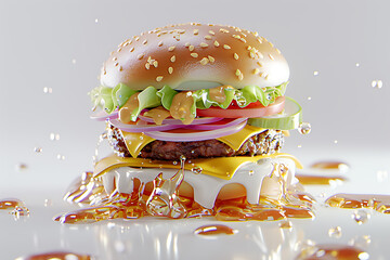 cartoon burger illustration, vibrant d illustration of a mouth-watering burger done in a cartoon style, boasting a rich mix of fresh ingredients on a clean white background