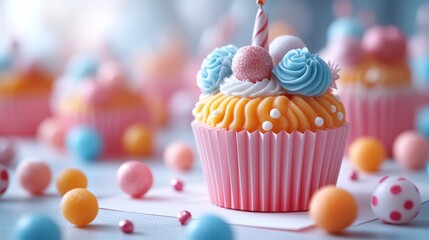 A simple cupcake with one candle on top, perfect for small celebrations or as a decorative item