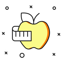 Filled outline Apple and measuring tape icon isolated on white background. Excess weight. Healthy diet menu. Fitness diet apple. Flat filled outline style with shadow. Vector