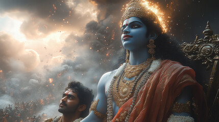Lord Krishna Guides Arjuna During a Pivotal Moment in the Bhagavad Gita Teachings on a Battlefield