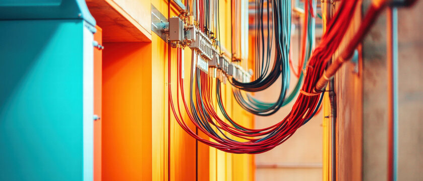 Exposed electrical wiring showcases vibrant colors and intricate detailing in a new building