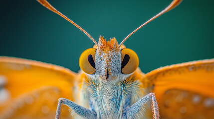 An extreme close-up of a butterfly's antennae reveals intricate textures, fine patterns, and soft pastel tones, set against a vivid green blurred background.