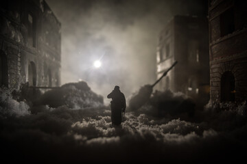 Nuclear war apocalypse concept. Explosion of nuclear bomb in city. City destroyed by atomic war....