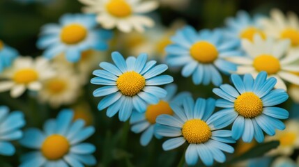 Obraz premium A bouquet of blue and white flowers with bright yellow centers, arranged in a vase