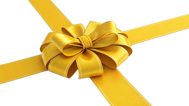 A luxurious golden-yellow satin bow with a smooth, glossy finish. The elegant bow is perfectly tied, with matching ribbons crossing in the background, providing a premium design element. 