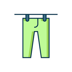 Filled outline Drying clothes icon isolated on white background. Clean pants. Wash clothes on a rope with clothespins. Clothing care and tidiness. Flat filled outline style with shadow. Vector
