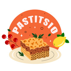 Pastitsio casserole with pasta and minced meat. Greek cuisine, dish, food. Vector illustration