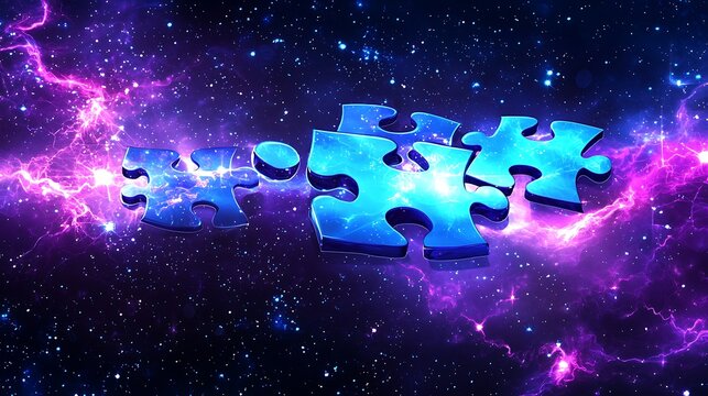 A cosmic jigsaw puzzle piece floating in a vibrant space background.