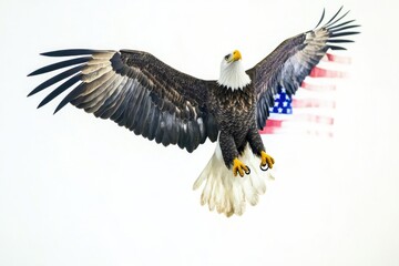 Obraz premium A majestic bald eagle soaring near the iconic American flag, perfect for patriotic events or national pride imagery