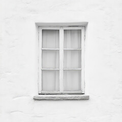 Fototapeta premium classic white-framed window on a textured white wall, with sheer curtains softly diffusing the light. The minimalist and monochromatic design creates a serene and timeless architectural aesthetic