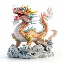 Dragon sculpture with golden scales, perched on dynamic waves isolated on white transparent background, symbolizing Chinese Lunar New Year