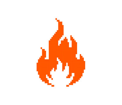 Pixel fire icon. Retro-style flame graphic orange and yellow gradient pixel art design.