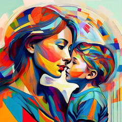 The image depicts an abstract representation of mother and child in bright colors, vibrant cubist work, abstract face illustration, version 4